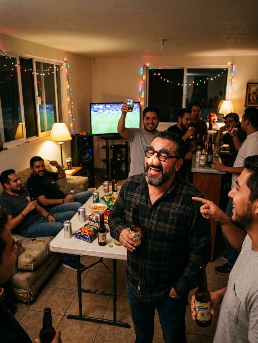 Persona usando gafas de broma en una reunión