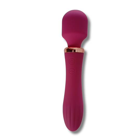 Vibrador doble tipo varita color rosa con diseño elegante y silicona premium recargable USB